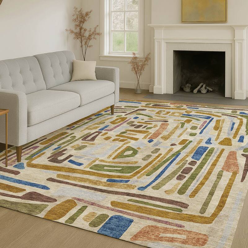 Machine Washable Indoor/ Outdoor Global Geo Chantille Rug