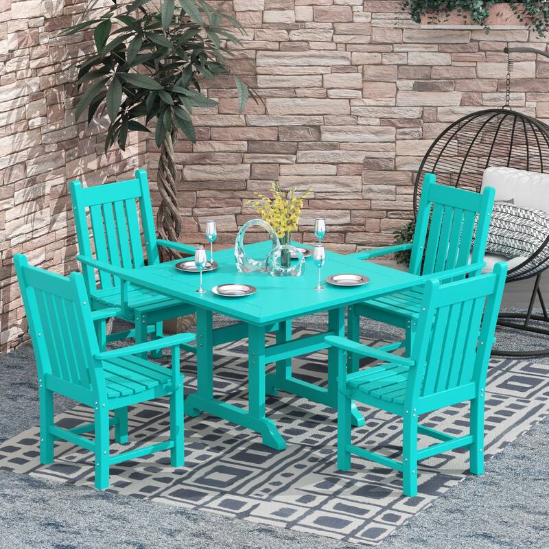 Laguna Hdpe All Weather Outdoor Patio Dining Set with Square Table, Arm Chairs (5-Piece Set) - Turquoise
