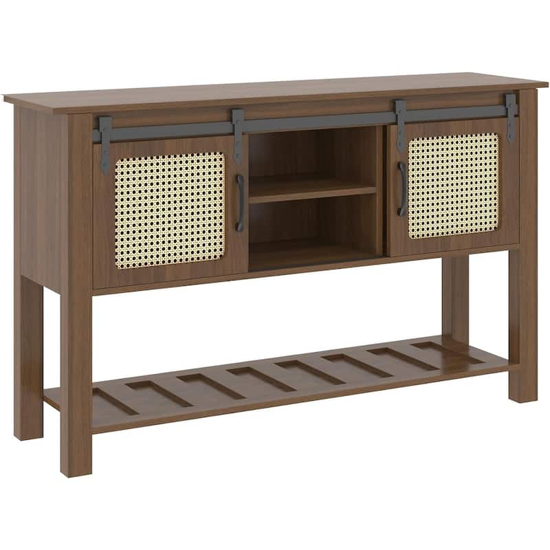AECOJOY Buffet Cabinet, Coffee Bar Storage Cabinet, 46'' Coffee Bar Table with Rattan Sliding Barn Door, Adjustable Shelves