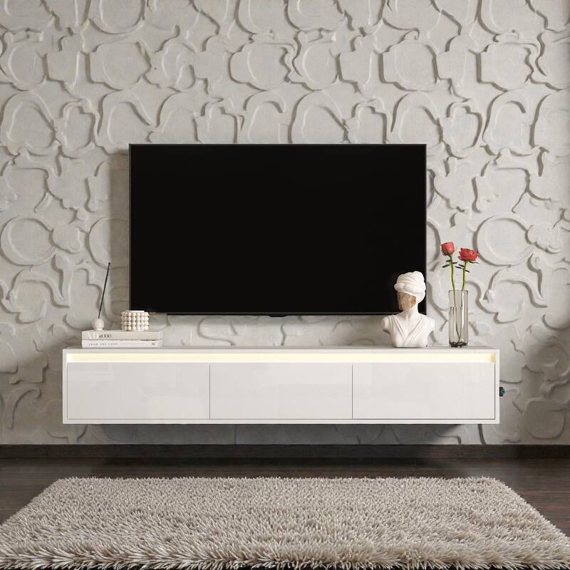 Floating TV Stand with LED Lights & Power Outlet, Wall Mounted High Gloss TV Cabinet with Storage and USB Ports - White