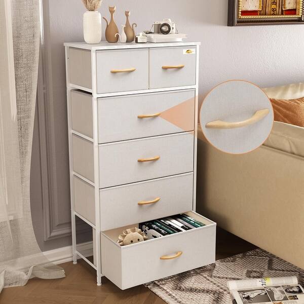 beige fabric dresser Crestlive Products 6-drawer Vertical Dresser Storage Tower with Sturdy Steel Frame, Wood Top, Easy Pull Fabric Bins Beige