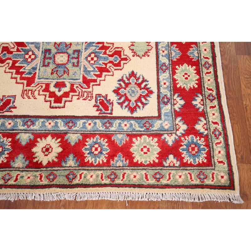 Ivory Geometric Kazak Oriental Accent Rug Handmade Wool Carpet - 3'3" x 5'0"