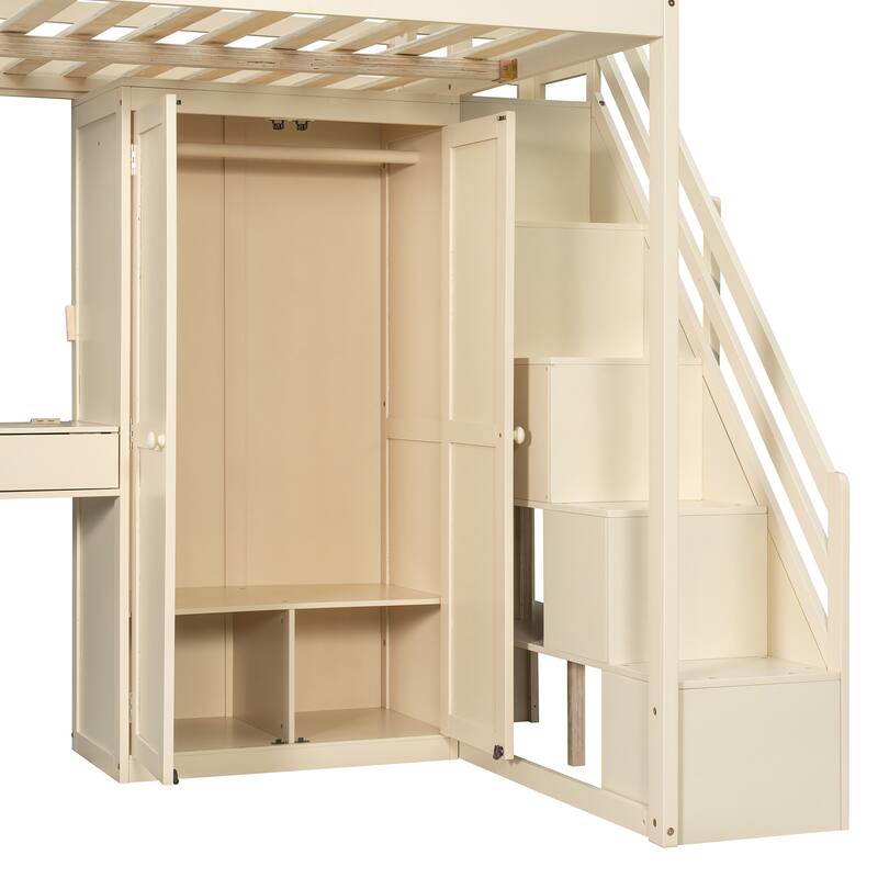 Full Size Loft Bed Frame for Kids with Storage Staircase, Wardrobe, Cabinets, USB, LED and Dressing Table with Mirror and Drawer