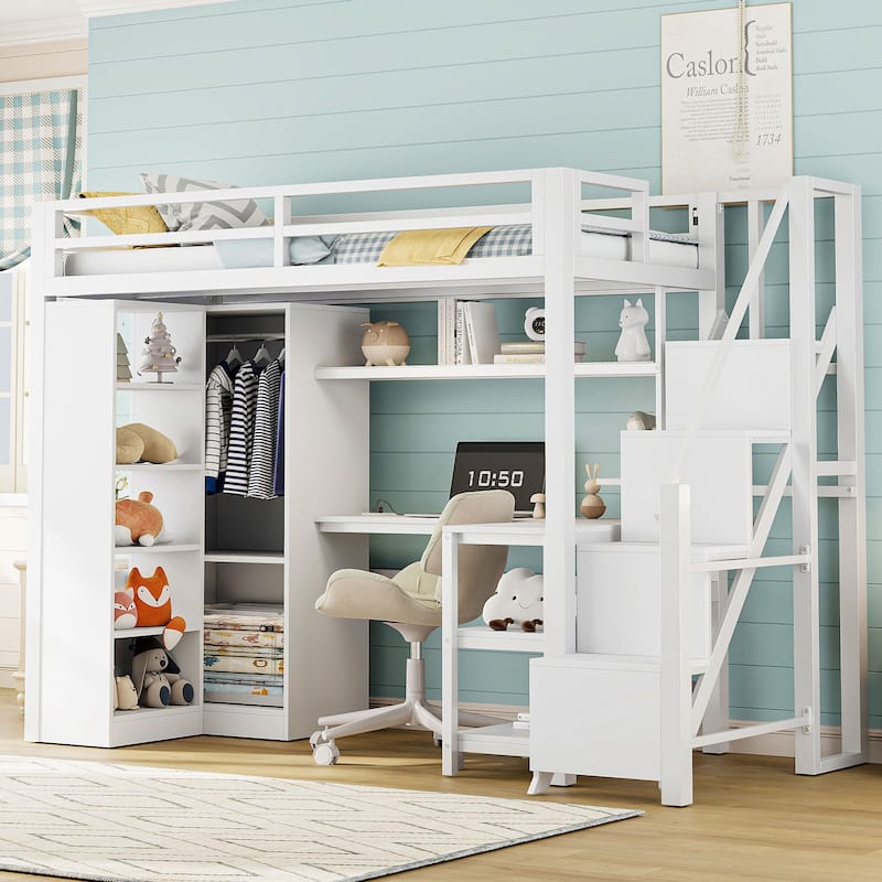 Twin Size Metal Loft Bed Frame with L-Shaped Desk, USB Ports, Storage Shelf, Wardrobe and Stepped Stairs for Bedroom - White - Twin