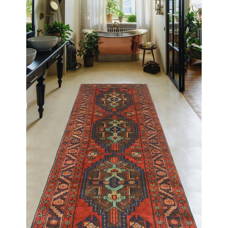 Fine Vintage Distressed Lucy Navy/Red Runner - 3'3" x 9'5"
