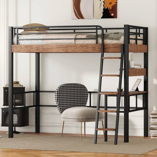 slide 2 of 12, Minimalist Design Full Size Metal Loft Bed with Built-In Ladder,Desk and Storage Shelf Under-Bed,Full-Length Guardrail Black