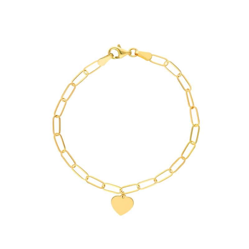 Curata 14k Yellow Gold 7.5" Dangling Heart Disc Paperclip Chain Bracelet