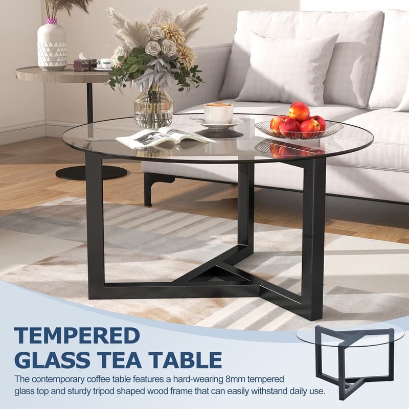 Modern Round Glass Coffee Table with Wood Tripod Base - Easy Assembly