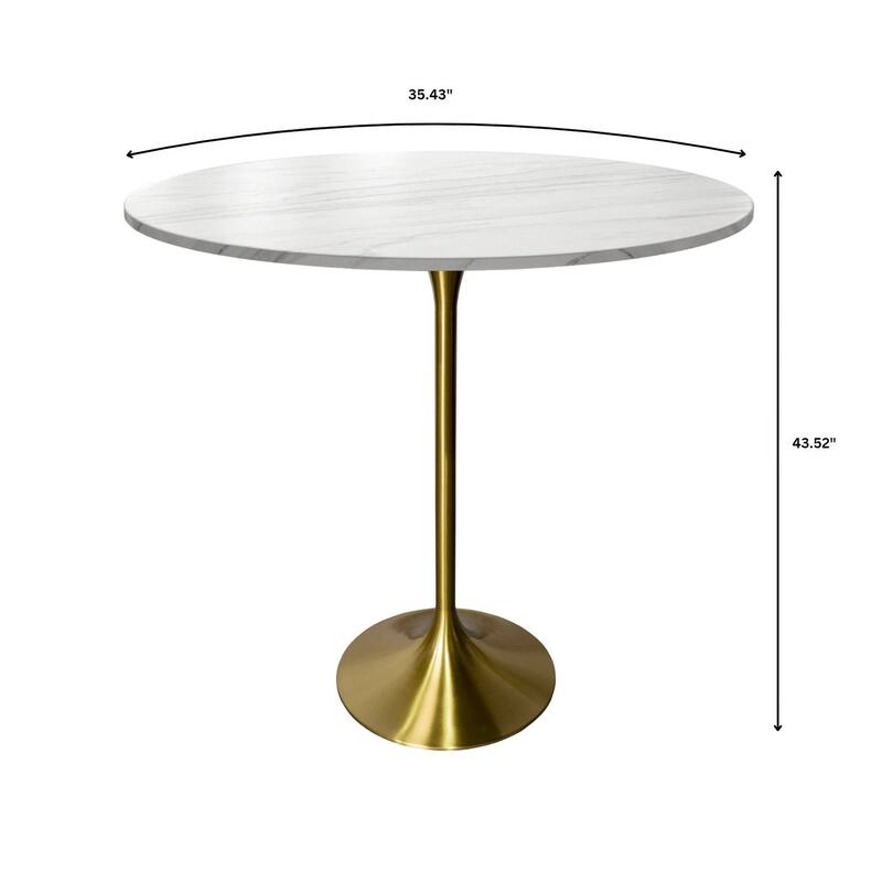 LeisureMod Verve 36" Bar Dining Table with Sintered Stone Round Top in Gold Steel, Gold Marbleized