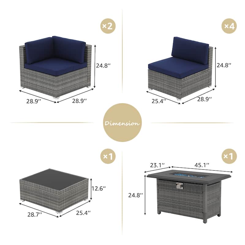 Outdoor 8 Pieces Sectional Wicker Sofa Set with Fire Pit