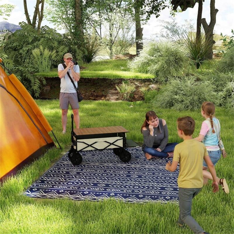 Reversible Outdoor Rug Blue White Geometric UV Protected Foldable Camping RV Patio Picnic Mat - 120.1" L x 95.7" W - Blue-White
