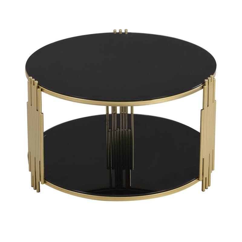 31.5" Tempered Glass Coffee Table with Asymmetrical Metal Design and Lower Shelf