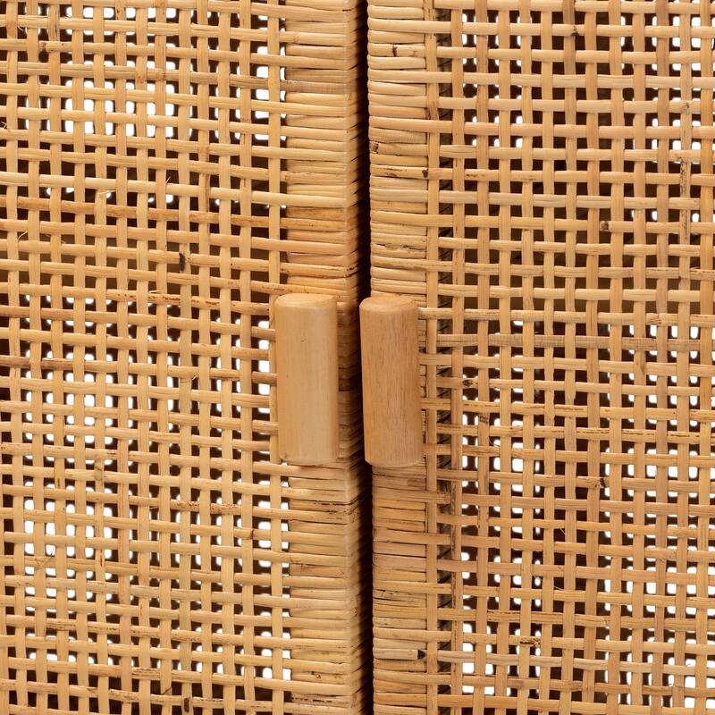 Vivan Modern Bohemian Natural Brown Rattan and Mahogany Wood Storage Cabinet
