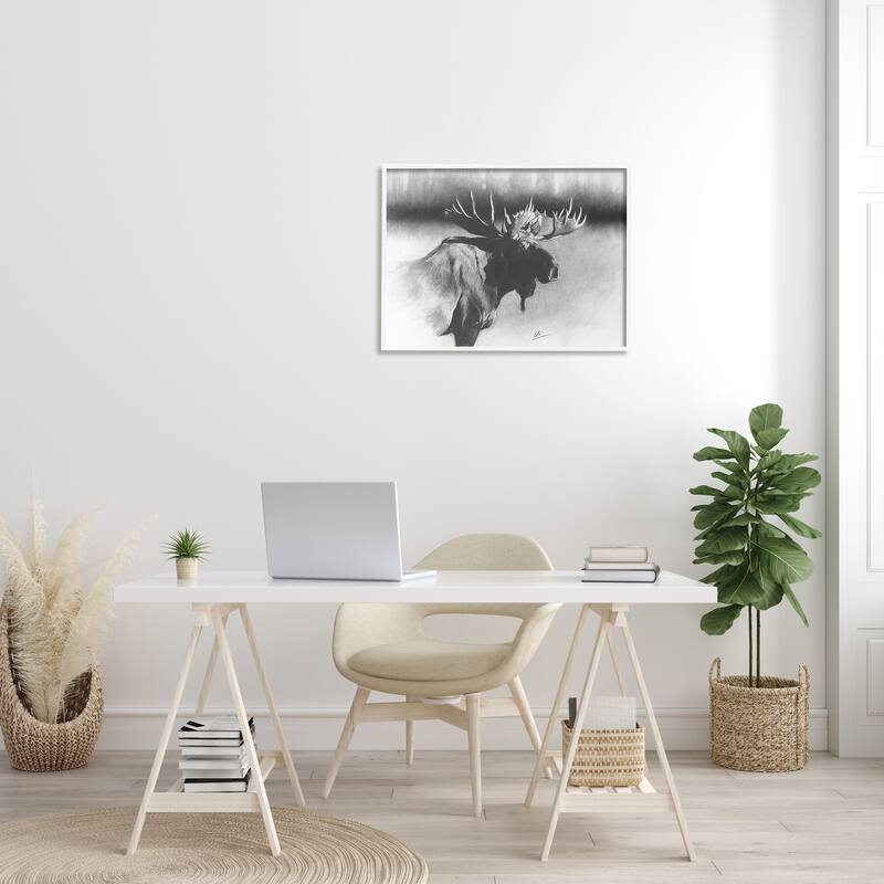 Stupell Moose in Rustic Forest Realistic Pencil Drawing Framed Wall Art - Grey