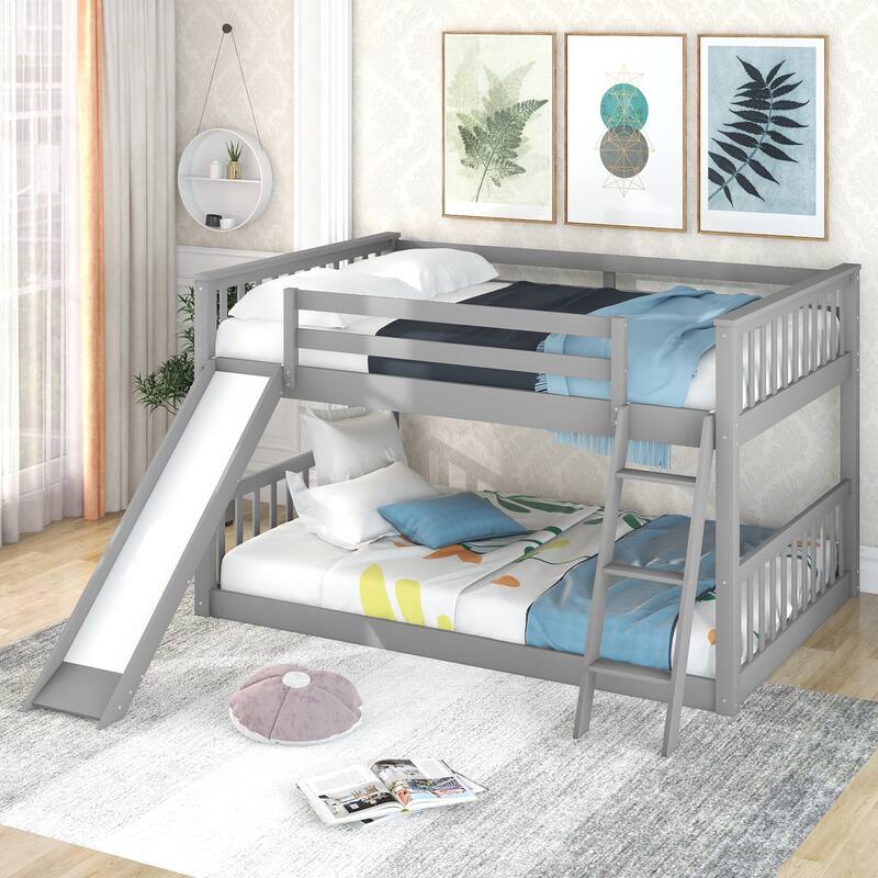 Full Solid Wood Low Bunk Bed with Slide