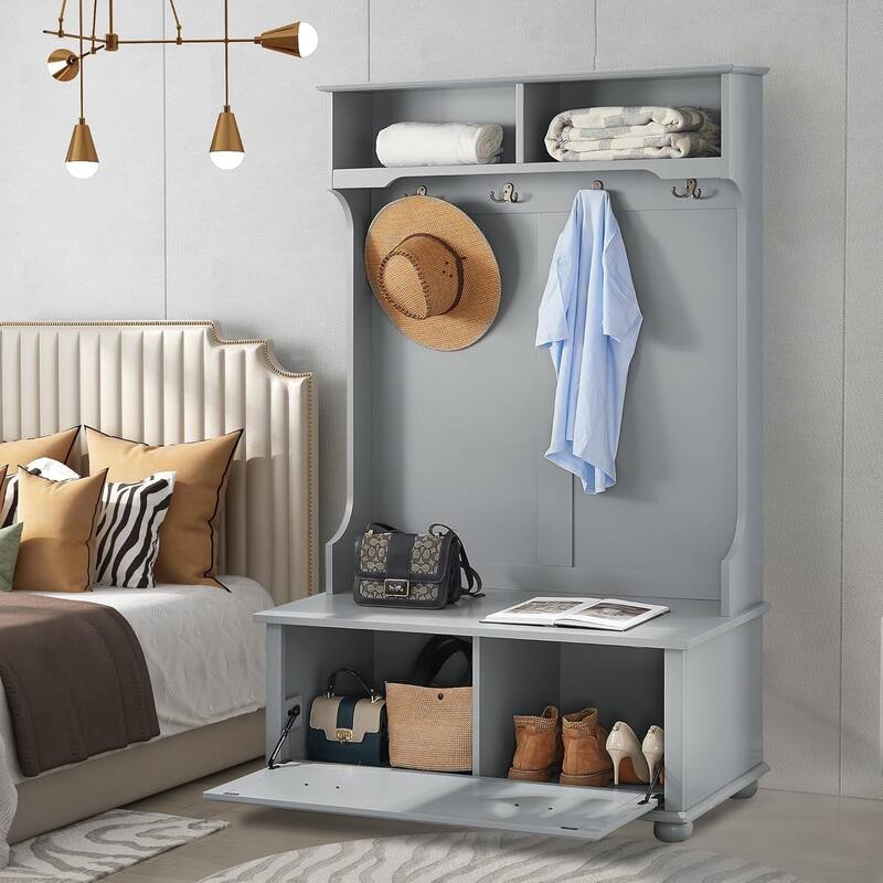 Roomfitters Classic Coastal Style Hall Tree Entryway Bench with Open Shelves, Shoe Cabinets, Solid Wood Feet