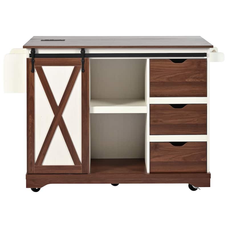 Drop Leaf Dining Table, Rolling Kitchen Island with Sliding Barn Door, Kitchen Cabinet with Built-In Charging Station