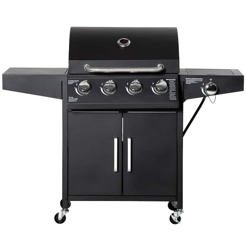 Outsunny 4+1 Burner Liquid Propane Gas Grill Outdoor Cabinet Style BBQ Trolley w/ Side Burner, Warming Rack, Thermometer
