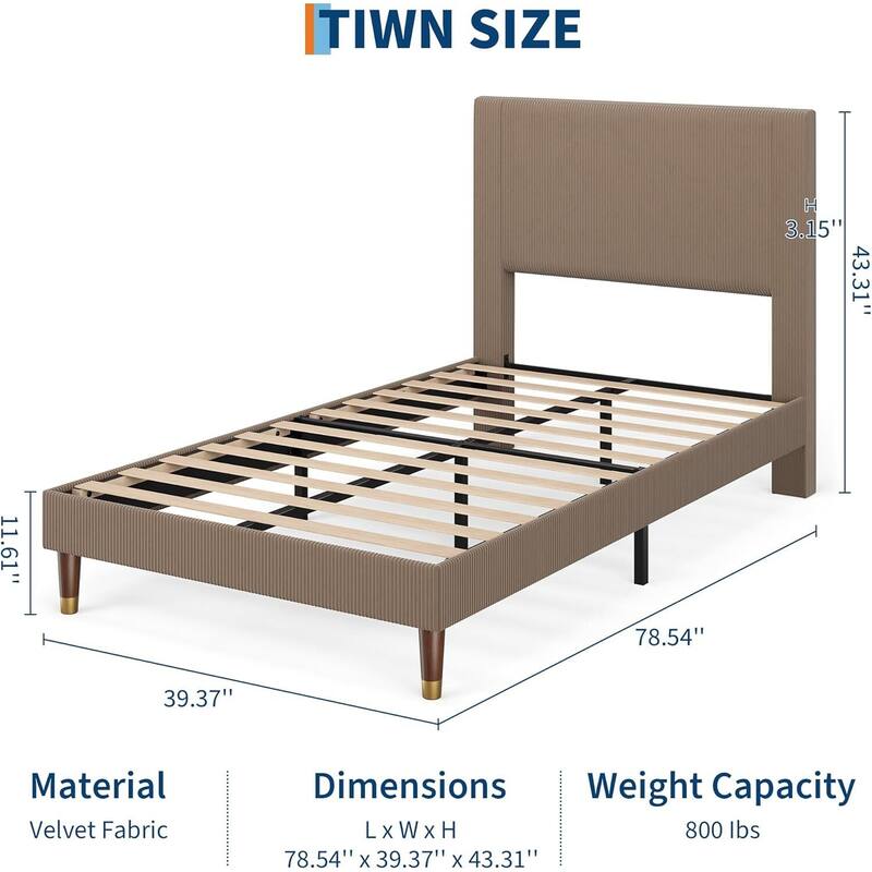 Soft Corduroy Fabric Platform Bed Frame with Upholstered Headboard, Brown