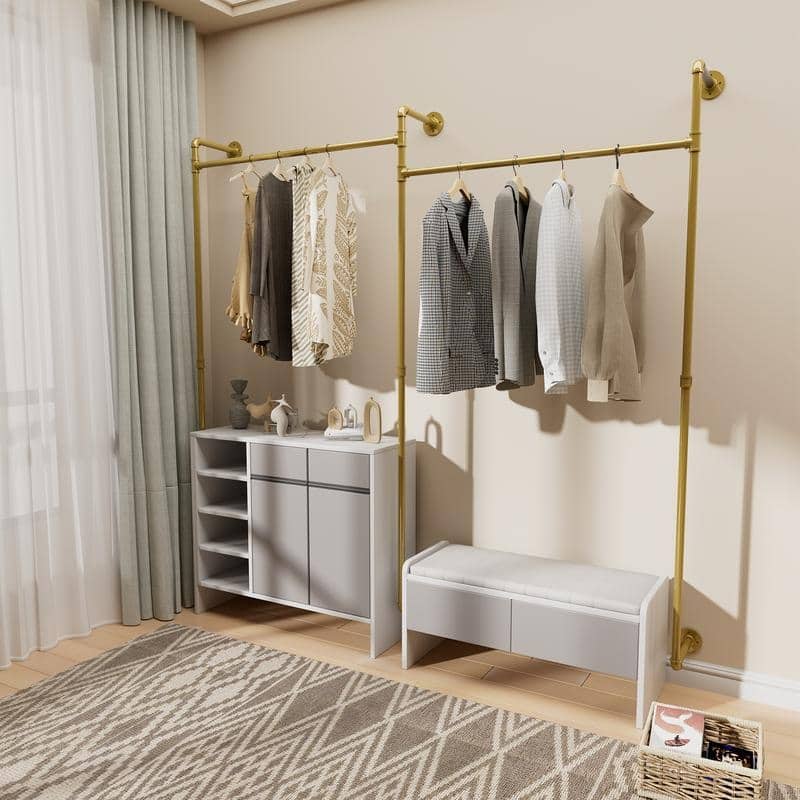 Industrial Pipe Clothes Rack Wall Mounted Iron Garment Bar for Closet Storage - 80.7x74.8 inch