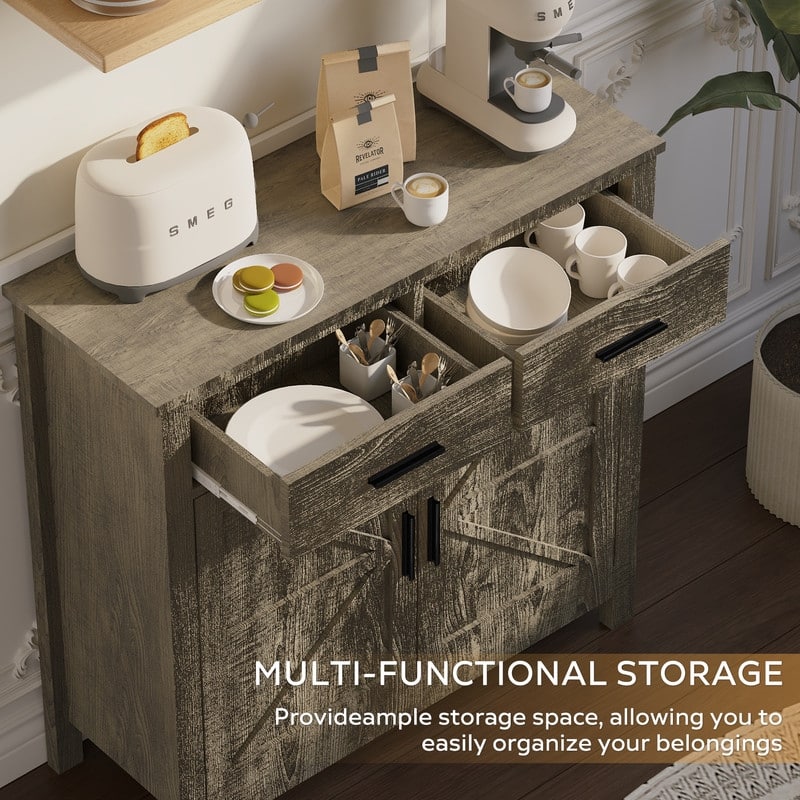 Modern Farmhouse Kitchen Storage Cabinet - Coffee Bar Sideboard with Doors & Drawers