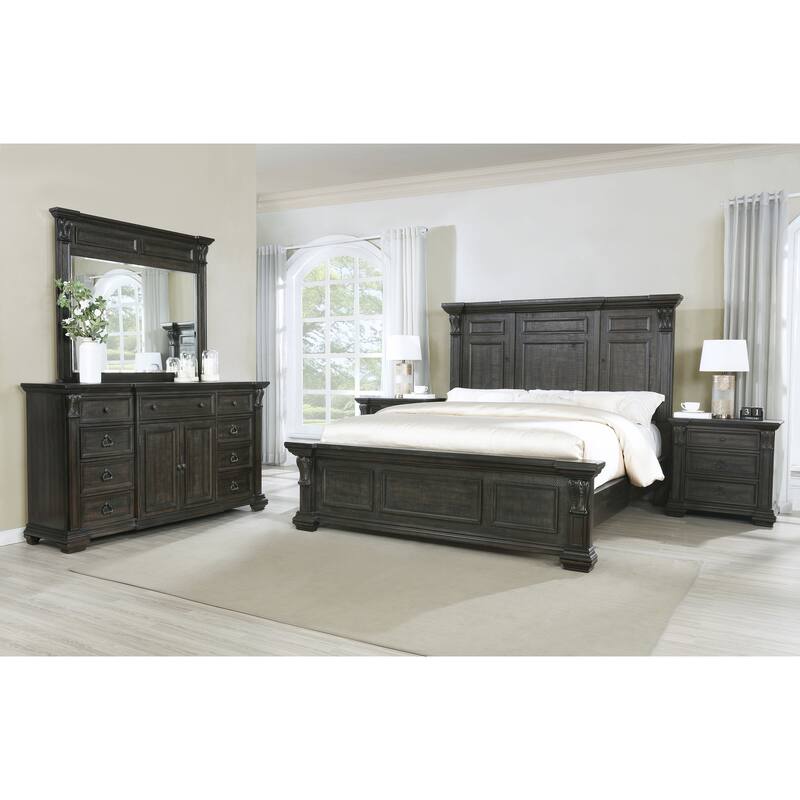 Roundhill Furniture Farson Distressed Dark Walnut Finish Wood Panel Bed, Dresser, Mirror, Two Nightstands - Queen