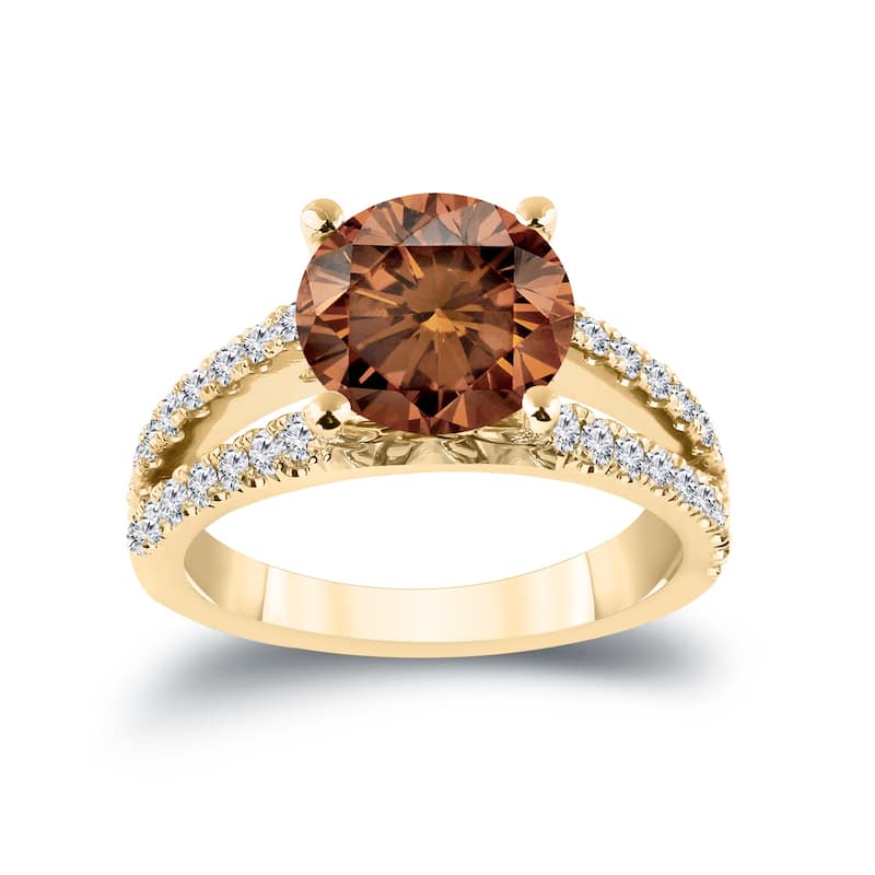Auriya 14k Gold 2 1/4ctw Round Brown Diamond Engagement Ring (H-I, SI1-SI2)
