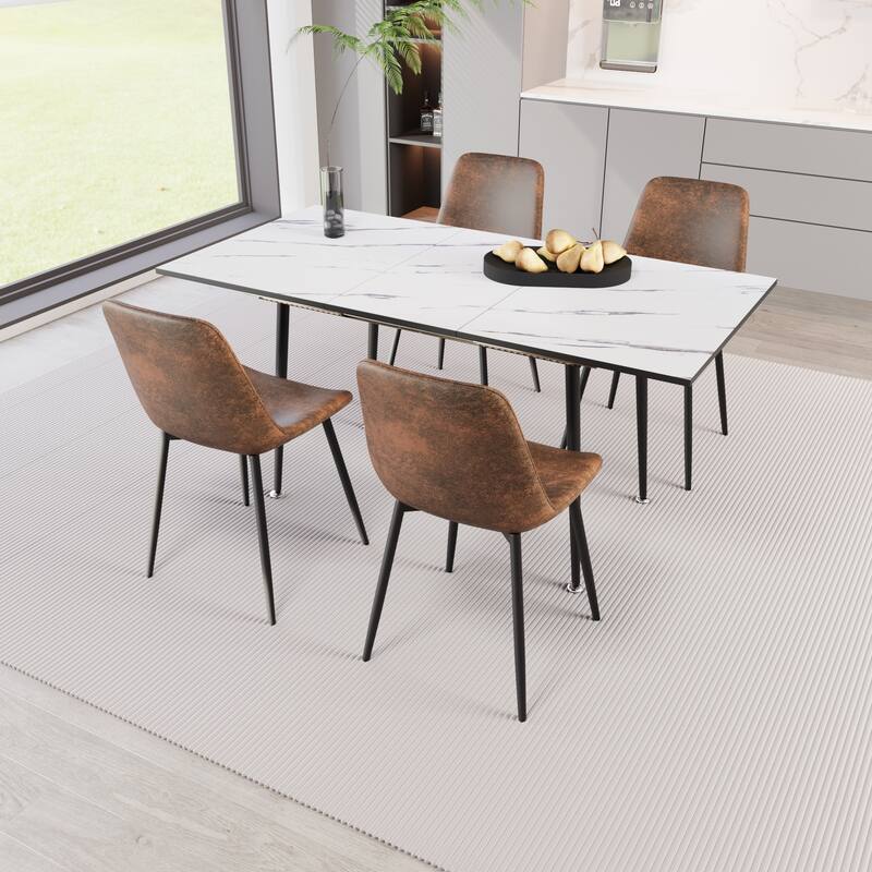 Scalable modern dining table and chair set, for 2-6 people, 4-piece set, medieval dining table set, metal base and linen chair