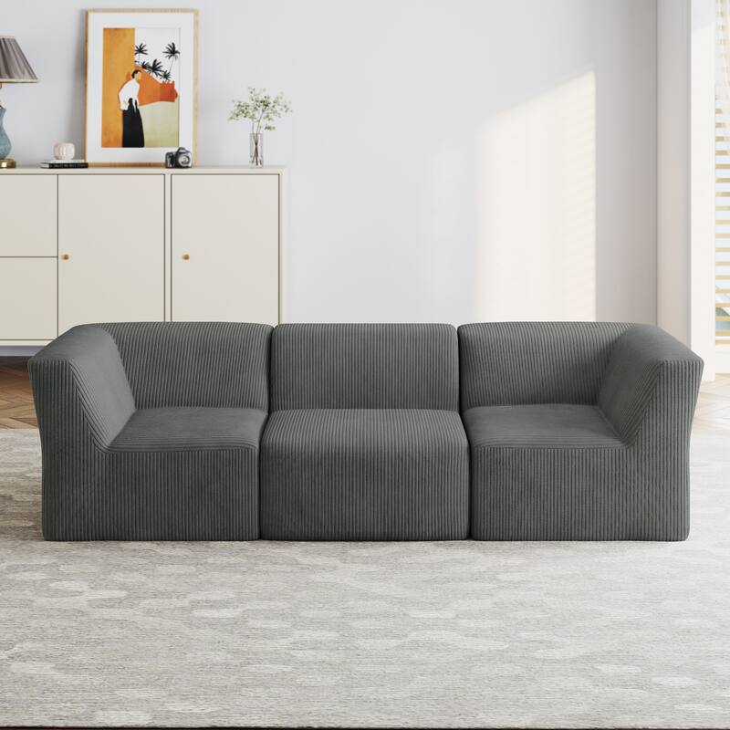 UIXE 106" W Corduroy Deep Seat Comfy 3 Seater Modular Sofa - 106" W - Grey