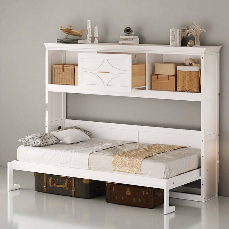 Twin Size Murphy Bed with Storage Cabinets, Charging Station, USB Ports, Solid Wood Foldable Wall Bed Frame - White - Twin