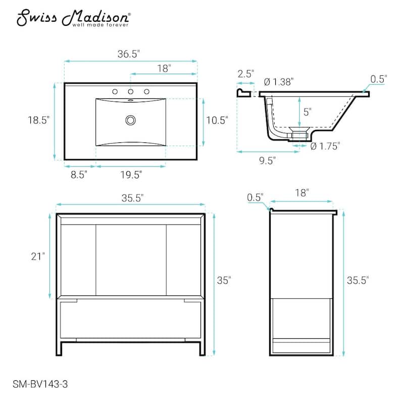 Swiss Madison SM-BV143-3 Marseille 37" Free Standing Single Basin