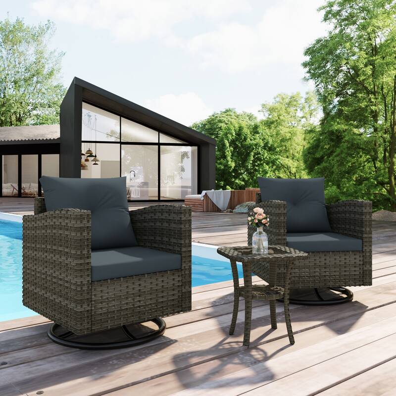Outdoor Rattan Conversation Swivel Chair Set of 3 with Table