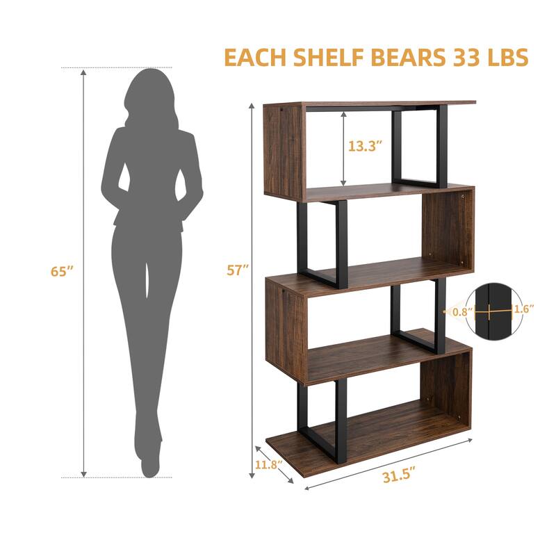 Hermoth Wood 5 Tiers Bookshelf S-Shaped Z-Shelf Style Bookcase Storage Display