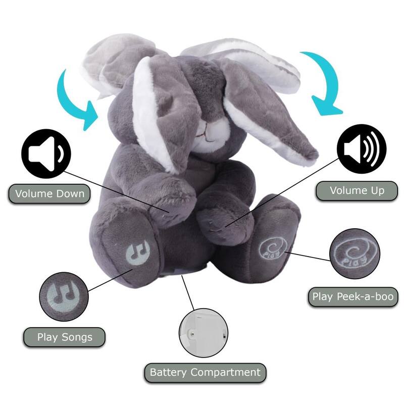 Dimple Milo Animated Peek-a-Boo Bunny - Singing Plush Toy for Babies and Toddlers, Grey, Ages 0 and Up