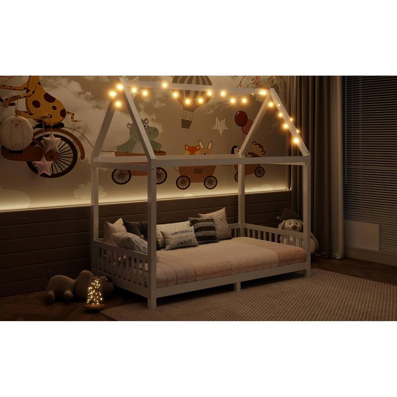 Kids Wooden Bed with Roof and Fence Style Frame, LED Lights and Full Guardrail Design