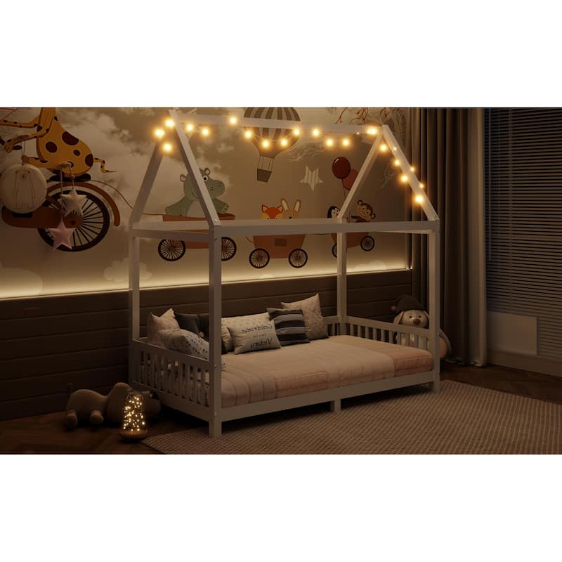 Solid Wood House Bed with Guardrail, LED, and Roof