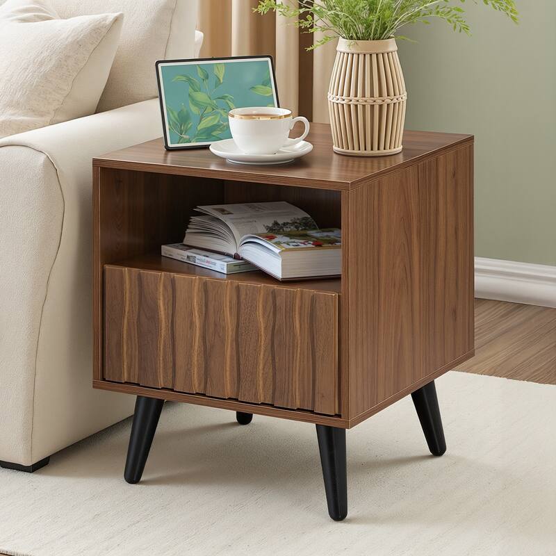 Mid-Century Modern Nightstand, Fluted End Table Drawer & Open Storage