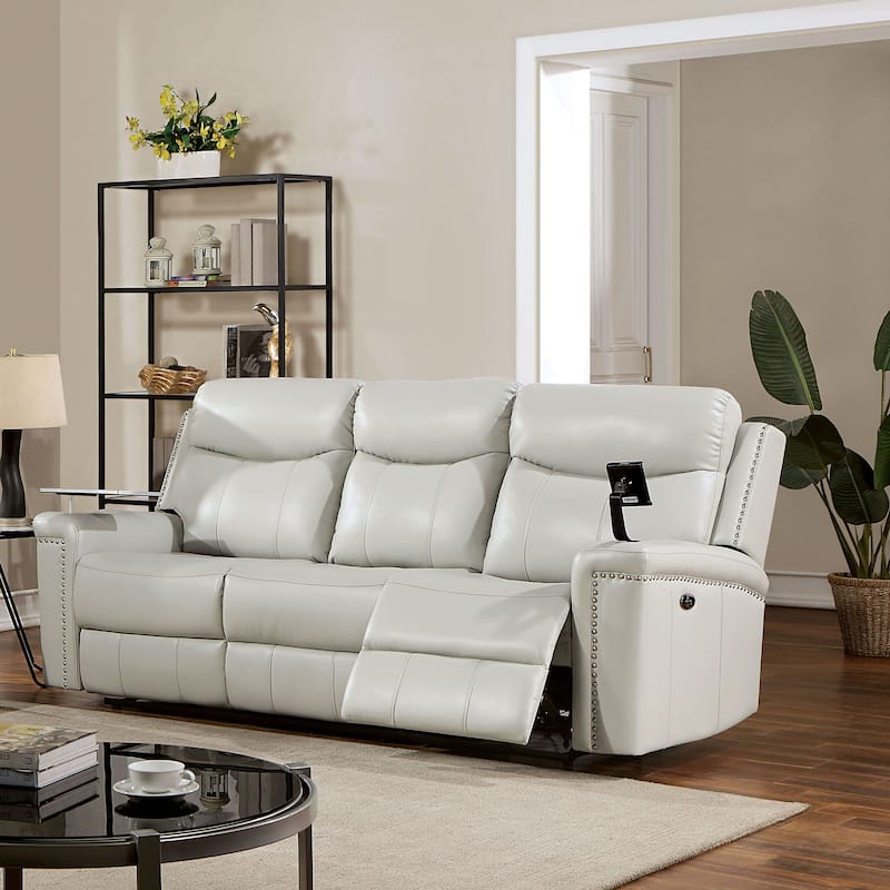 Etty Transitional Light Grey Faux Leather Power Recliner Sofa with USBs and Tray by Furniture of America