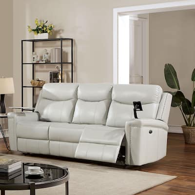 Etty Transitional Light Grey Faux Leather Power Recliner Sofa with USBs and Tray by Furniture of America