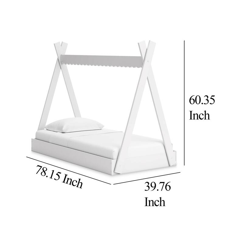 Kally Twin Size Floor Bed, Tent Style Design, Matte White Wood