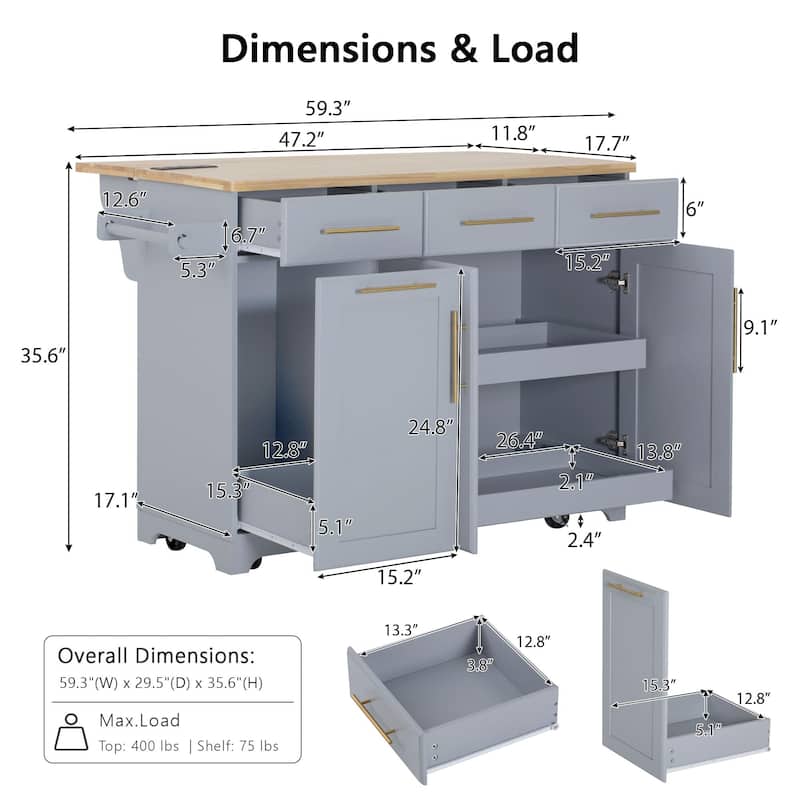 Rolling Kitchen Island Cart with 2 Pull Out Cabinet Organizers, Drop Leaf, Trash Can Storage, Power Outlet, Spice, Towel Rack