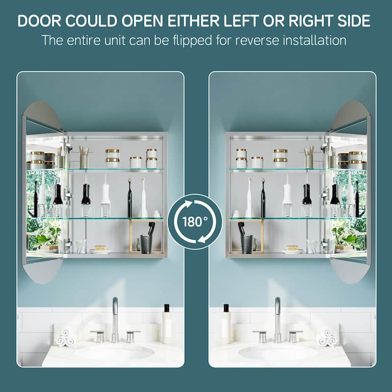 20x32" Tri-View Mirrored Medicine Cabinet, Soft-Close Blum Hinges, Reversible Door, Recess/Surface Mount, Aluminum Body