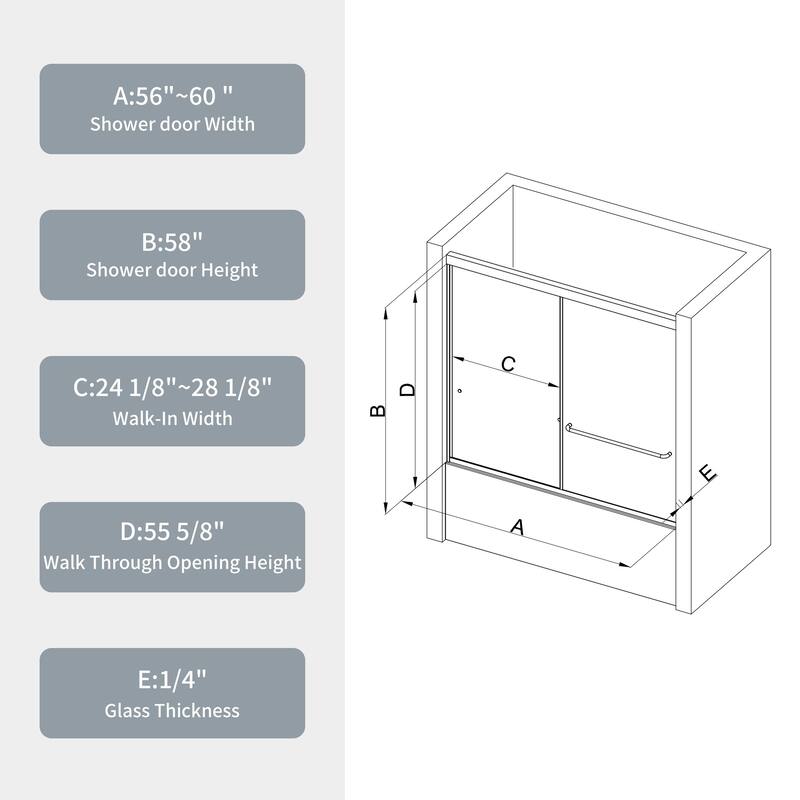 56"-60"W x 58"H Aluminum-framed bathtub door with stainless steel handle