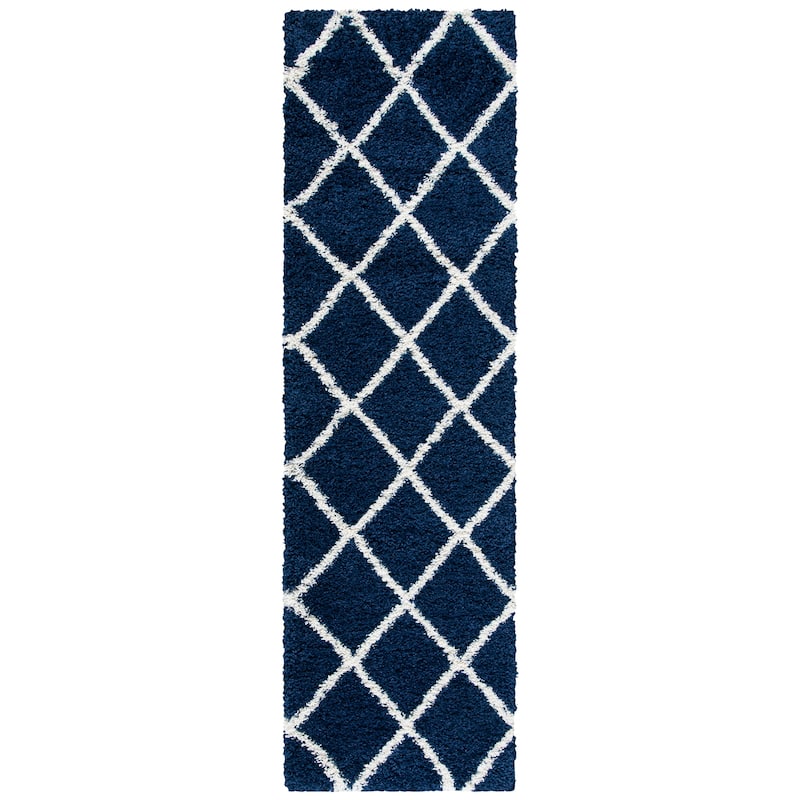 SAFAVIEH Hudson Shag Sherree Trellis 2-inch Thick Rug - 2'3" x 8' Runner - Navy/Ivory