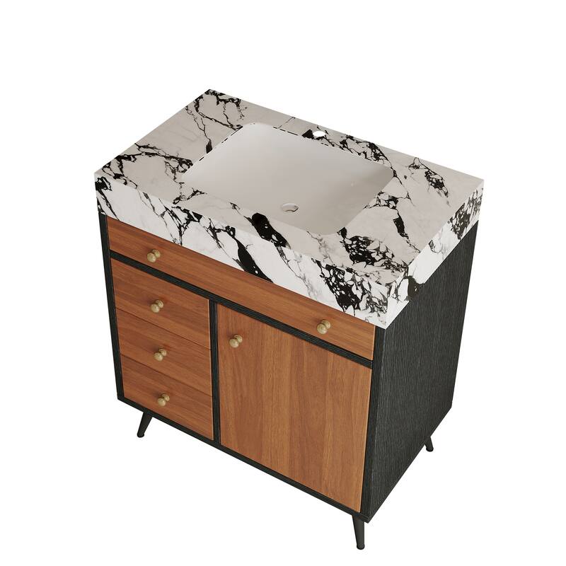 GDFStudio - Bristol Modern 29.9" Freestanding Bathroom Vanity with Sintered Stone Top, Ceramic Sink & Stainless Steel Legs