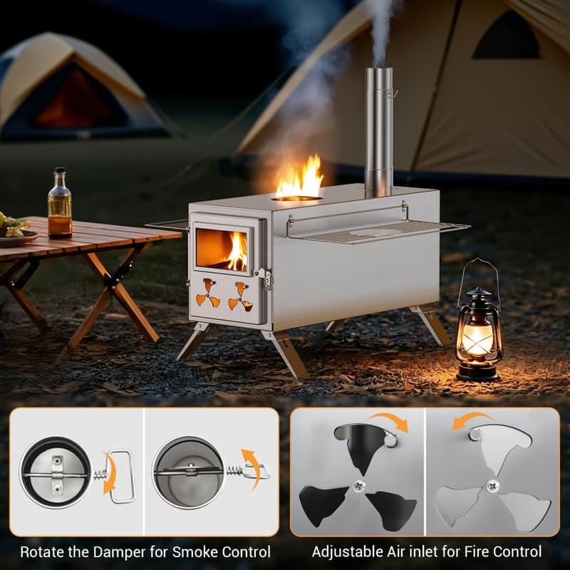 Hot Tent Stove, Portable Stainless Steel Wood Burning Stove, Camping