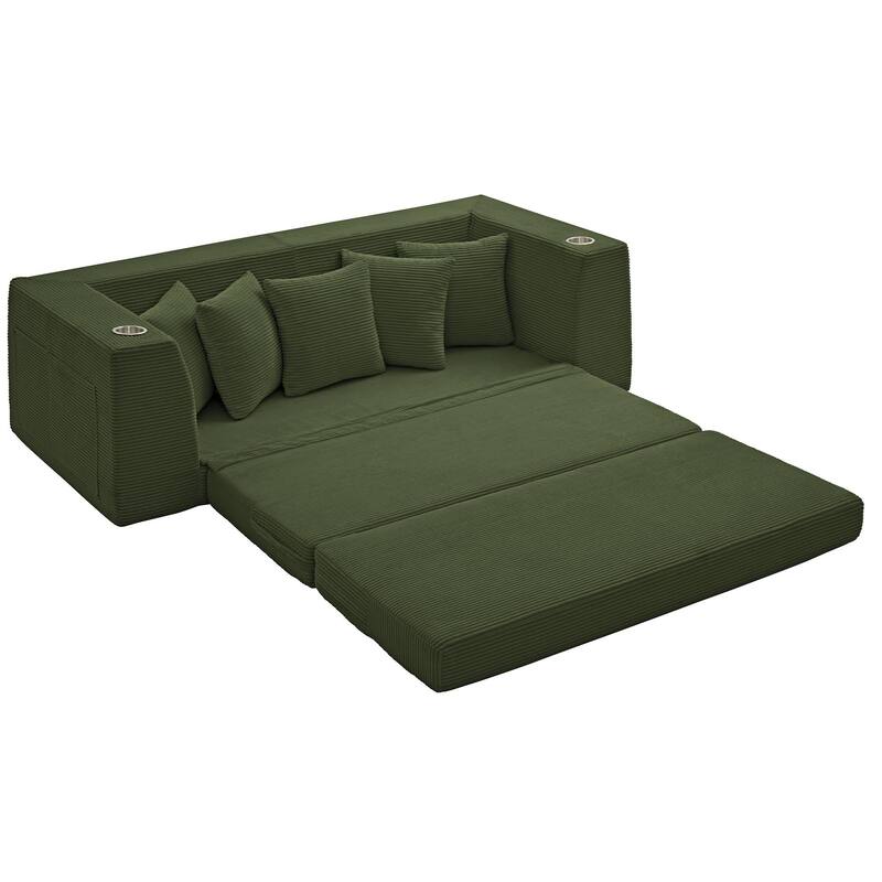 Modern Convertible Loveseat Sofa Bed, Corduroy Fabric Foldable Floor Couch w/5 Pillows, Side Pockets & Cup Holders, No Assembly