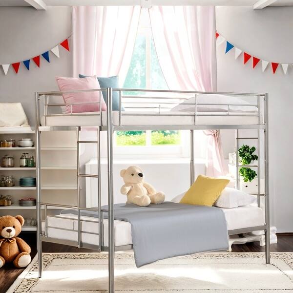 slide 2 of 30, Durability & Stability Metal Bunk Bed with Guardrails and Stairs Silver