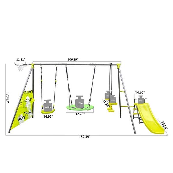 dimension image slide 1 of 2, Six-Function Swing Set with Net for Outdoor Fun Safe for Kids Green & Blue - 152.49” L x 53.55” W x 70.87” H