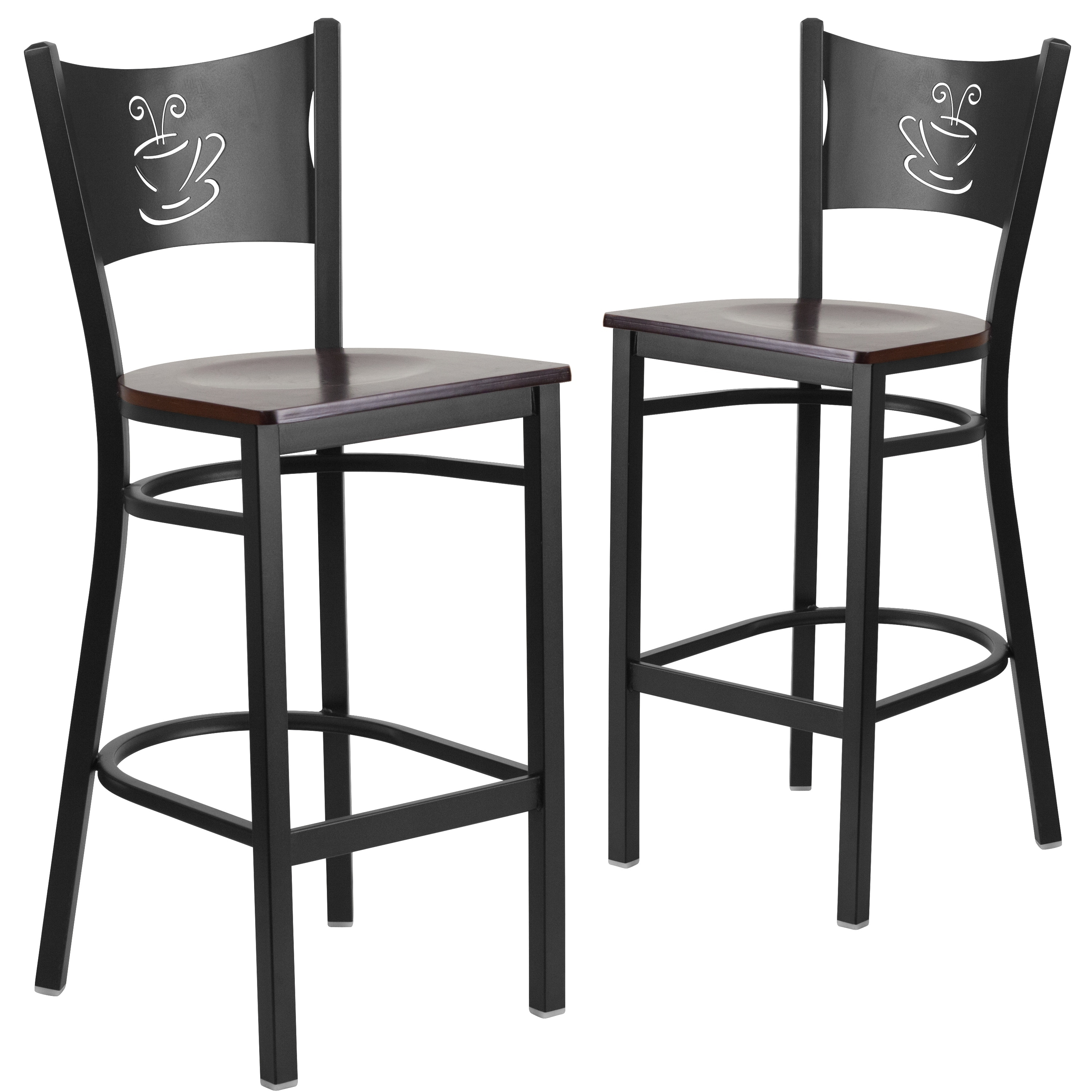 details about black metal restaurant bar stools with coffee cup cutout  walnut wood seat black